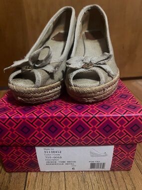 Tory Burch Beige Open-Toe Espadrille Wedge with Bow Accent
